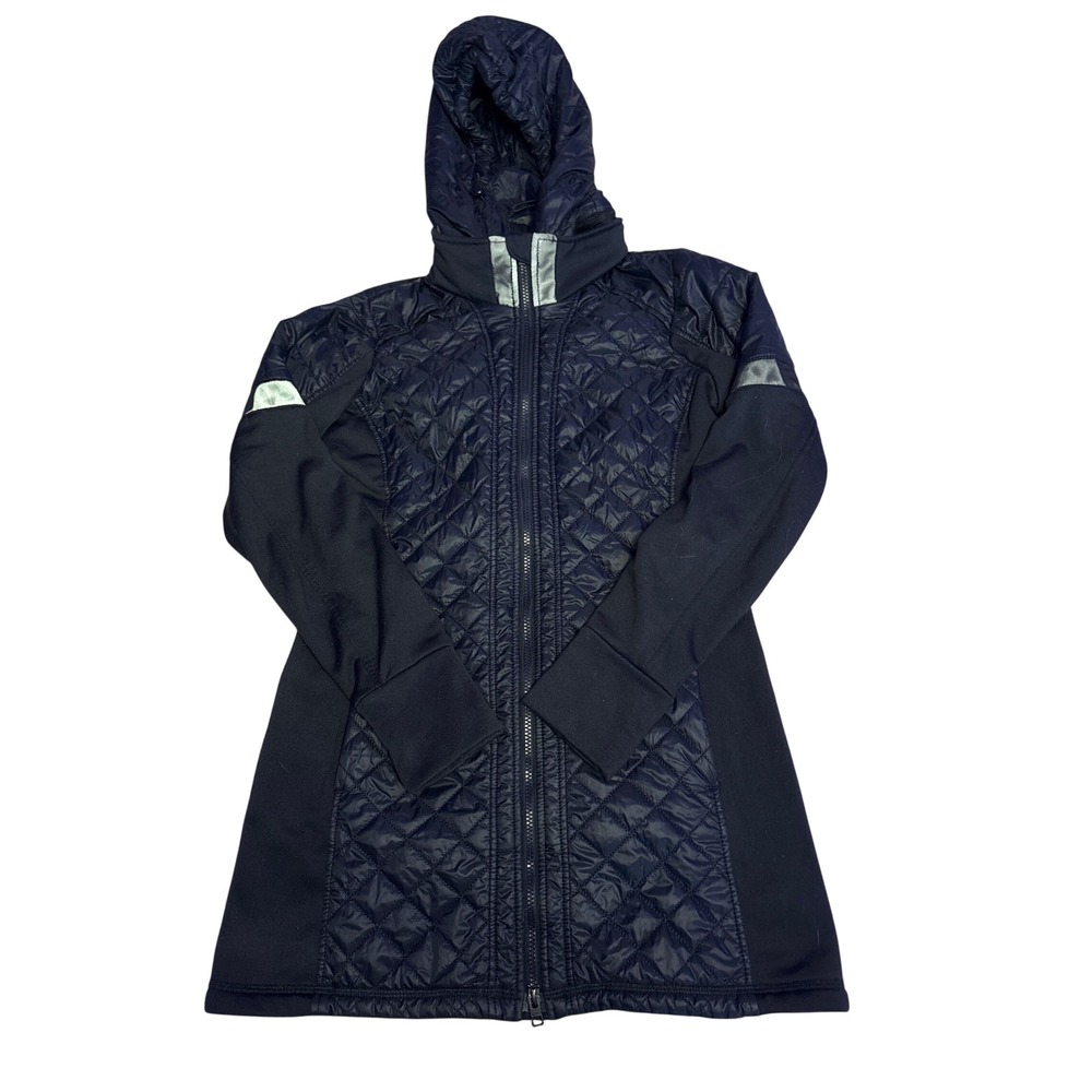 Athleta Women's Black Hooded Quilted Hybrid Jacket Double Zip Front Thumbholes M